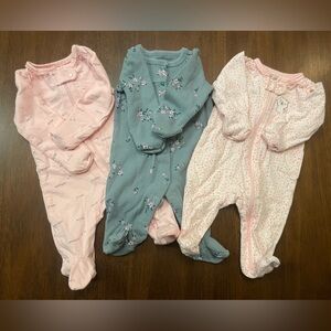 Newborn Baby Girl Sleeper Bundle 3Pc Footed Pajamas Pink & Floral Zip Up